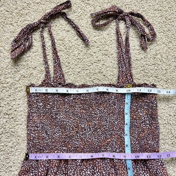 AERIE All Day Smocked Mini Dress Tie Strap Ruffle Lined Brown Orange size XSmall - Picture 7 of 11